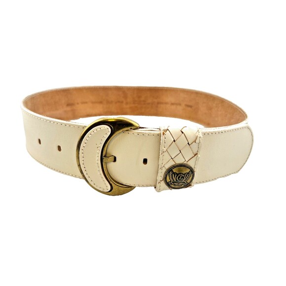 Liz Claiborne Accessories - Vtg 1988 LIZ CLAIBORNE Women's S Wide Belt White Leather Brass Buckle Braided